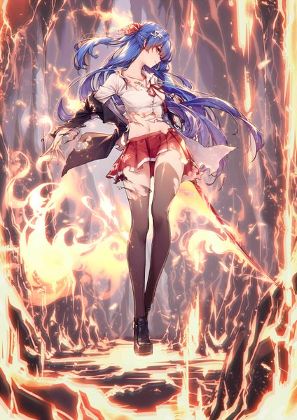 Anime picture 1000x1414 with original de da xianyu single long hair tall image looking at viewer fringe hair between eyes red eyes standing holding blue hair full body blunt bangs head tilt profile pleated skirt wind off shoulder open jacket