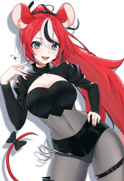 Anime picture 2660x3904 with virtual youtuber hololive hololive english hakos baelz blackberry baelz mintz912 single long hair tall image fringe highres open mouth blue eyes light erotic simple background hair between eyes white background animal ears ponytail red hair