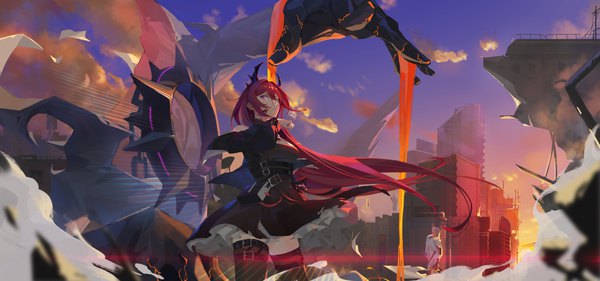 Anime picture 9131x4279 with arknights surtr (arknights) limi26 single long hair looking at viewer fringe highres breasts hair between eyes wide image standing purple eyes payot absurdres sky cleavage cloud (clouds) outdoors red hair