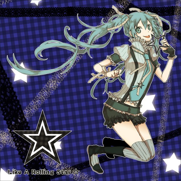 Anime picture 1500x1500 with vocaloid like a rolling star (vocaloid) hatsune miku buzz long hair twintails aqua eyes aqua hair checkered floor girl thighhighs ribbon (ribbons) hair ribbon tongue star (symbol) striped thighhighs suspenders
