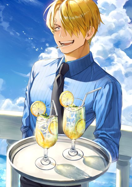 Anime picture 2894x4093 with one piece toei animation sanji yoshiyoshiwa single tall image looking at viewer fringe highres short hair open mouth blue eyes blonde hair smile standing holding sky cloud (clouds) upper body outdoors