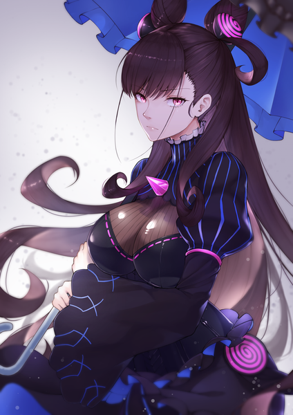 Anime picture 1500x2121 with fate (series) fate/grand order murasaki shikibu (fate) scal2let single long hair tall image looking at viewer fringe breasts light erotic simple background brown hair large breasts standing holding payot blunt bangs pink eyes wide sleeves