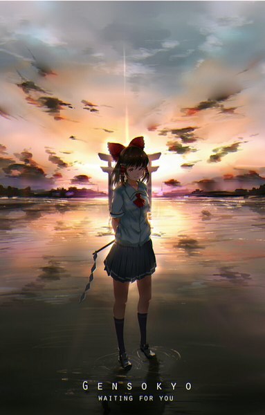 Anime-Bild 1149x1797 mit touhou hakurei reimu luomo single long hair tall image looking at viewer red eyes brown hair standing sky cloud (clouds) full body outdoors pleated skirt short sleeves alternate costume text lens flare evening