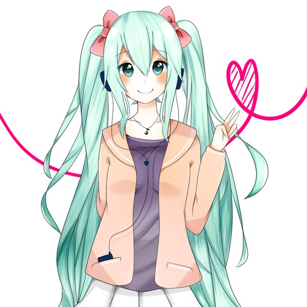 Anime picture 800x800 with vocaloid hatsune miku nishinekochan single long hair looking at viewer blush fringe simple background smile white background twintails pleated skirt aqua eyes aqua hair victory arm behind back heart of string girl skirt
