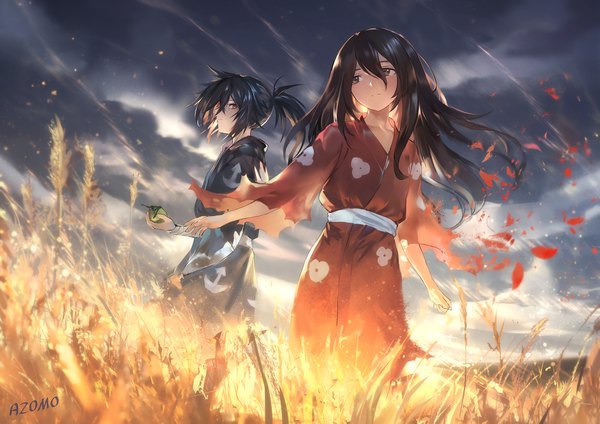 Anime picture 1800x1273 with dororo (tezuka) hyakkimaru (dororo) mio (dororo) azomo long hair looking at viewer fringe highres black hair hair between eyes red eyes standing holding signed looking away sky cloud (clouds) outdoors ponytail traditional clothes