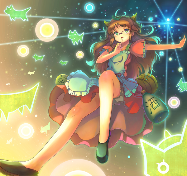 Anime picture 1254x1182 with touhou futatsuiwa mamizou santouhei single long hair open mouth brown hair green eyes animal ears legs magic glowing finger to mouth light girl dress glasses leaf (leaves) apron bottle