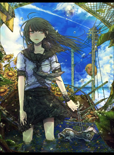 Anime picture 902x1225 with original nai kitsu (artist) single long hair tall image blue eyes black hair standing looking away sky cloud (clouds) pleated skirt wind letterboxed headphones around neck abstract girl skirt uniform flower (flowers)