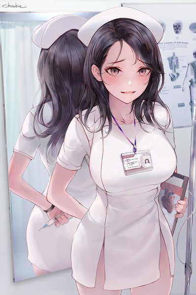Anime-Bild 1000x1504 mit original chowbie single long hair tall image looking at viewer blush fringe breasts open mouth light erotic black hair standing holding brown eyes signed indoors short sleeves reflection side slit