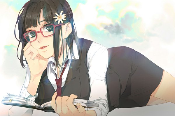 Anime picture 1000x667 with original tyuh (pixiv) long hair looking at viewer black hair brown eyes lying hair flower girl hair ornament glasses book (books)