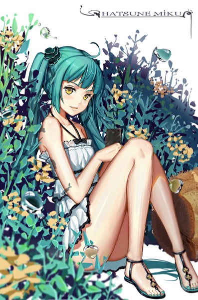 Anime picture 620x936 with vocaloid hatsune miku soulkiller (brz) single long hair tall image looking at viewer fringe light erotic smile sitting twintails holding yellow eyes ahoge bent knee (knees) nail polish parted lips aqua hair inscription