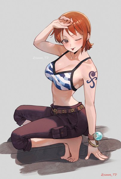 Anime picture 2304x3416 with one piece toei animation nami (one piece) sooon single tall image blush highres short hair light erotic simple background signed looking away one eye closed barefoot orange hair grey background orange eyes tattoo twitter username