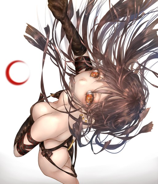 Anime picture 2125x2480 with fate (series) fate/grand order yu mei-ren (fate) hatey hatety single long hair tall image looking at viewer fringe highres breasts light erotic simple background hair between eyes large breasts standing white background brown eyes ass from above