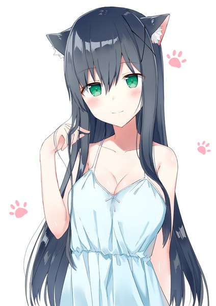 Anime picture 848x1200 with original shikuro (iorimiyakiyo) single long hair tall image looking at viewer blush fringe breasts black hair simple background hair between eyes white background green eyes cleavage upper body cat girl paw print girl x hair ornament