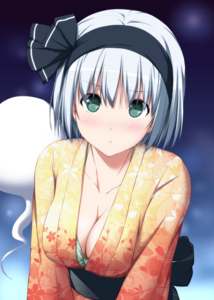 Anime-Bild 1488x2088 mit touhou konpaku youmu myon nori tamago single tall image looking at viewer blush short hair breasts light erotic green eyes cleavage silver hair upper body traditional clothes japanese clothes ghost girl hairband