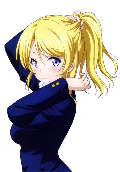Anime picture 2142x3062 with love live! school idol project sunrise (studio) love live! ayase eli inou shin single long hair tall image looking at viewer blush highres blue eyes simple background blonde hair white background holding ponytail scan mouth hold girl