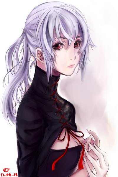 イラスト 3200x4800 と オリジナル early type ソロ 長髪 長身像 カメラ目線 前髪 highres simple background 赤い目 absurdres grey hair inscription 谷間ホール lacing 女の子 ちょう結び