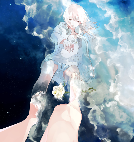 Anime picture 2107x2237 with original aspara single long hair tall image fringe highres blonde hair hair between eyes full body eyes closed barefoot from above wind open jacket legs reflection girl flower (flowers) water