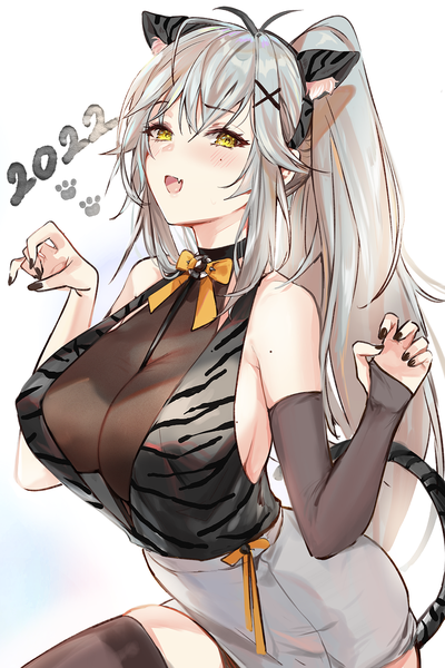 Anime picture 1000x1500 with original alraco single long hair tall image looking at viewer blush fringe breasts open mouth light erotic simple background smile hair between eyes large breasts standing white background bare shoulders animal ears yellow eyes