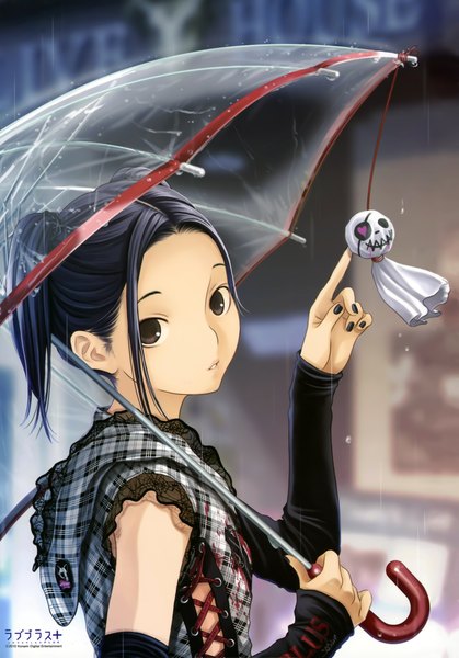Anime picture 3282x4698 with love plus megami magazine kobayakawa rinko mino tarou single tall image looking at viewer highres short hair black hair twintails holding brown eyes nail polish parted lips blurry scan official art depth of field rain