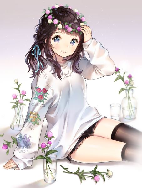 Anime picture 757x1000 with original ancotaku single long hair tall image looking at viewer blush fringe blue eyes black hair simple background smile sitting braid (braids) long sleeves mole arm support zettai ryouiki mole under eye gradient background