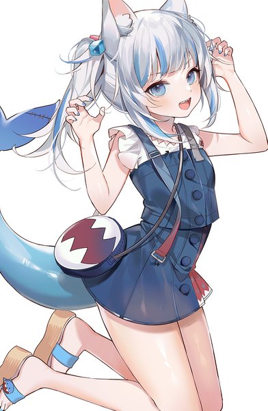 Anime picture 850x1300 with virtual youtuber hololive hololive english gawr gura gawr gura (2nd costume) machi (7769) single long hair tall image blush fringe open mouth blue eyes animal ears payot silver hair tail nail polish :d multicolored hair