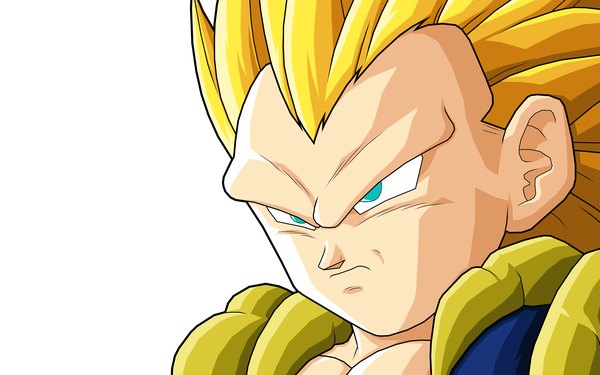 Аниме картинка 2880x1800 с драгонболл драгонболл зет gogeta gotenks drozdoo один (одна) высокое разрешение короткие волосы голубые глаза простой фон светлые волосы широкое изображение белый фон портрет лицо векторная графика злость мужчина