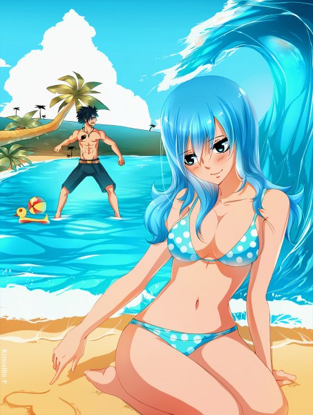 Anime picture 906x1200 with fairy tail gray fullbuster juvia lockser kristallin-f (artist) long hair tall image blush short hair open mouth blue eyes light erotic black hair blue hair sky cloud (clouds) profile light smile midriff couple beach