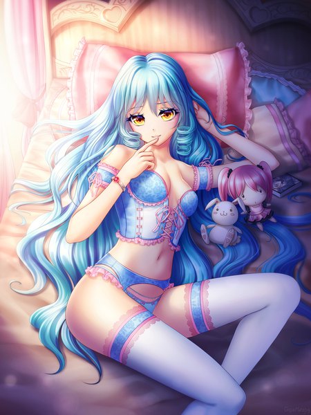 Anime picture 750x1000 with original gigamessy single long hair tall image looking at viewer blush fringe breasts light erotic hair between eyes bare shoulders signed yellow eyes blue hair cleavage bent knee (knees) indoors lying from above
