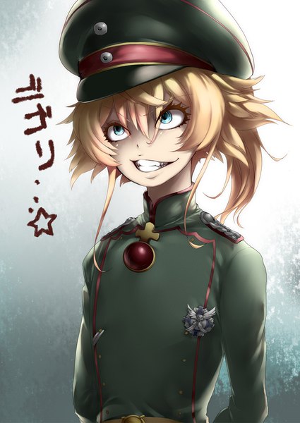 Anime picture 752x1062 with youjo senki tanya degurechaff tobisawa single tall image fringe short hair blue eyes simple background blonde hair smile hair between eyes standing looking away upper body inscription grin hands behind back military crazy smile