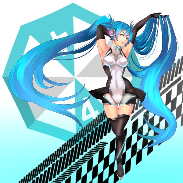 Anime picture 1500x1500 with vocaloid vocaloid append goodsmile racing hatsune miku hatsune miku (append) racing miku racing miku (2011) noboes single looking at viewer fringe breasts twintails very long hair aqua eyes aqua hair holding hair girl gloves navel