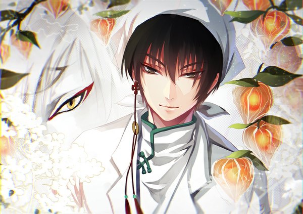 Anime picture 800x564 with hoozuki no reitetsu wit studio hakutaku (hoozuki no reitetsu) stells single looking at viewer fringe short hair black hair traditional clothes light smile lips boy flower (flowers) earrings physalis