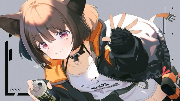 Anime picture 1778x1000 with original hiiragi akio single looking at viewer highres short hair brown hair wide image purple eyes signed animal ears grey background open jacket twitter username girl gloves jacket fingerless gloves collar can