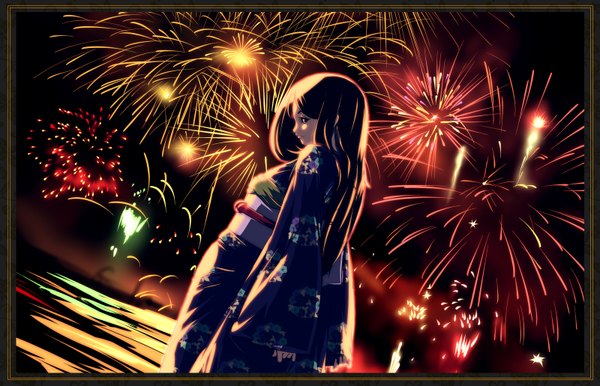 Anime picture 1599x1029 with original mubouou aasaa long hair black hair japanese clothes looking back black eyes night fireworks water kimono