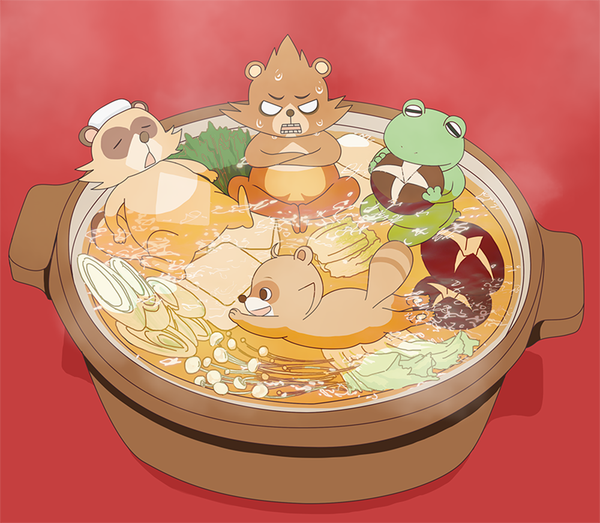 Anime picture 1000x873 with uchouten kazoku p.a. works shimogamo yasaburou shimogamo yajirou shimogamo yaichirou shimogamo yashirou nagata blue open mouth simple background smile sweat red background nabe animal food plate mushroom (mushrooms) frog tanuki