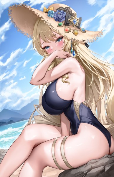 Anime picture 1604x2485 with genshin impact navia (genshin impact) lunacle single long hair tall image looking at viewer blush fringe breasts blue eyes light erotic blonde hair large breasts sky cloud (clouds) outdoors ass dutch angle crossed legs