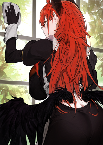 Anime picture 2894x4093 with original isabella (marse) marse (rokudaime) single long hair tall image fringe highres breasts light erotic hair between eyes large breasts standing yellow eyes ass red hair profile horn (horns) pointy ears from behind