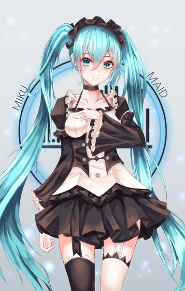 Anime picture 1500x2347 with vocaloid hatsune miku cup6542 single tall image looking at viewer fringe breasts simple background smile hair between eyes standing twintails payot very long hair aqua eyes aqua hair grey background wide sleeves maid
