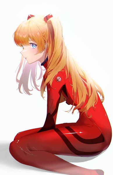 Anime picture 3082x4760 with neon genesis evangelion gainax soryu asuka langley shikinami asuka langley yeoni mon single long hair tall image looking at viewer blush fringe highres open mouth blue eyes simple background white background sitting absurdres bent knee (knees) orange hair