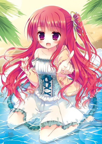 Anime picture 1024x1447 with original hisama kumako single long hair tall image blush open mouth red eyes red hair pointing girl dress water frills
