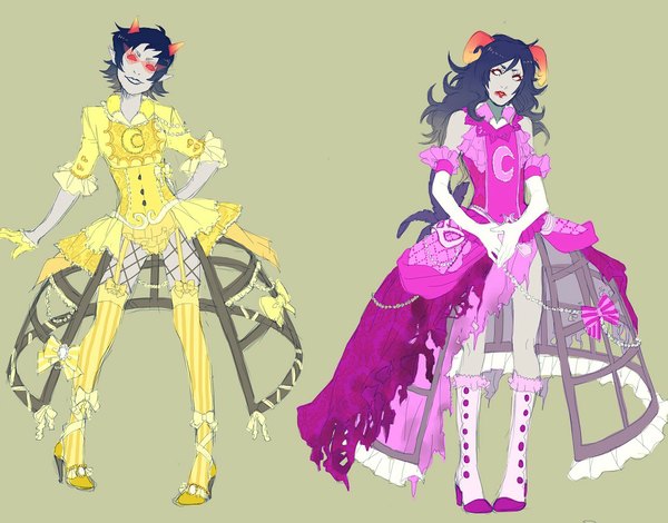 Anime picture 1104x866 with homestuck terezi pyrope aradia megido mookie000 long hair looking at viewer short hair black hair simple background smile red eyes standing bare shoulders multiple girls horn (horns) pointy ears high heels couple torn clothes glowing