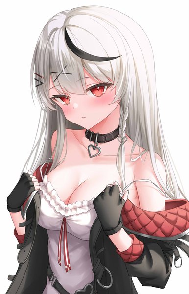 Anime picture 1446x2250 with virtual youtuber hololive sakamata chloe sakamata chloe (1st costume) lis 111 single long hair tall image looking at viewer blush fringe breasts open mouth light erotic simple background red eyes large breasts white background bare shoulders cleavage