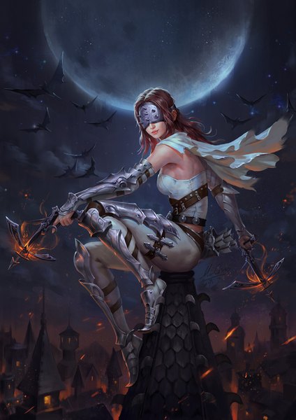 Anime picture 1000x1415 with original wenfei ye single tall image brown hair bare shoulders full body lips night night sky blindfold girl animal moon full moon bat