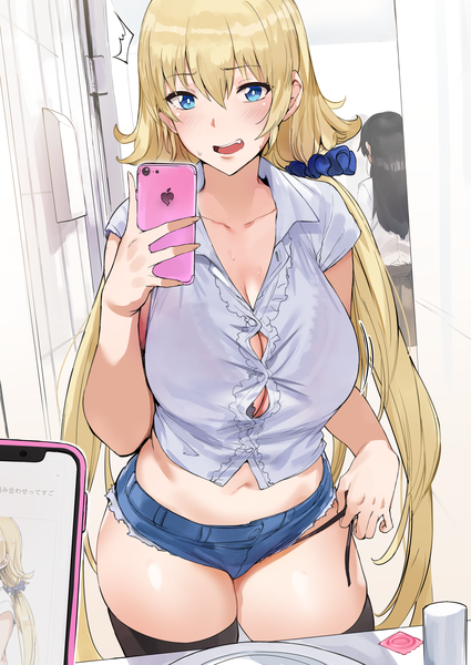 Anime picture 3583x5059 with original hews long hair tall image looking at viewer blush fringe highres breasts open mouth blue eyes light erotic blonde hair hair between eyes large breasts standing twintails multiple girls holding absurdres