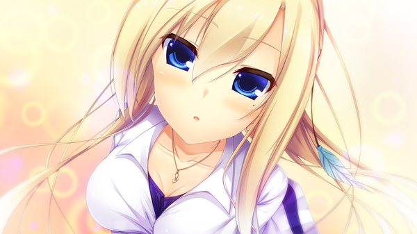 Anime picture 2560x1440 with maboroshi no dystopia kurusugawa youko tsuzura aya single long hair looking at viewer blush fringe highres breasts blue eyes blonde hair hair between eyes wide image large breasts game cg parted lips blurry mole :o
