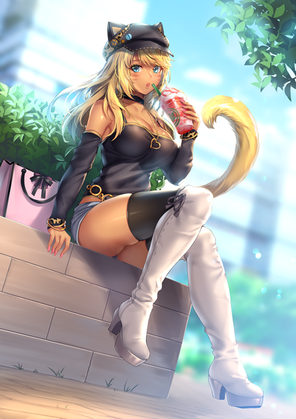 Anime picture 629x890 with final fantasy final fantasy xiv square enix miqo'te aruma jiki single long hair tall image looking at viewer blush fringe breasts open mouth blue eyes light erotic blonde hair large breasts sitting holding sky