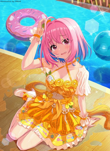 Anime picture 2000x2750 with idolmaster idolmaster cinderella girls idolmaster cinderella girls starlight stage yumemi riamu hmax single tall image looking at viewer fringe highres short hair hair between eyes sitting pink hair full body ahoge pink eyes from above sparkle wet