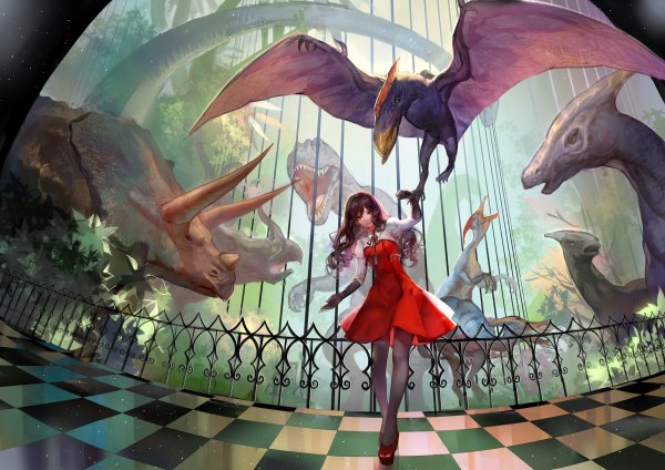 Anime picture 1200x848 with original ask (askzy) long hair looking at viewer smile brown hair full body high heels flying checkered floor giant animal girl dress gloves ribbon (ribbons) plant (plants) wings elbow gloves fence dinosaur
