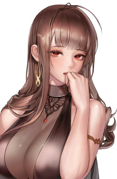 Anime picture 633x965 with girls frontline dsr-50 (girls frontline) monaim single long hair tall image looking at viewer blush fringe breasts open mouth light erotic simple background hair between eyes red eyes brown hair large breasts standing white background bare shoulders