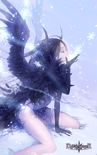 Anime picture 500x800 with devil maker ggoorri single long hair tall image black hair simple background sitting bent knee (knees) eyes closed profile horn (horns) wind arm support bare legs copyright name wariza winter blue background snow