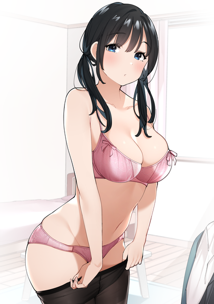 Anime picture 2894x4093 with original sakura no tomoru hi e single long hair tall image looking at viewer blush fringe highres breasts blue eyes light erotic black hair large breasts standing twintails payot cleavage indoors underwear only